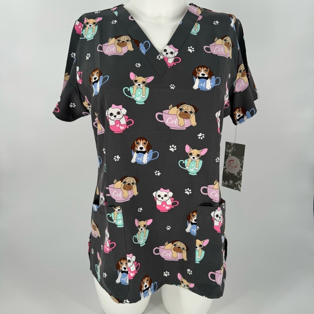 NWT Maevn Grey Tea Cup Puppy Dog print scrub top